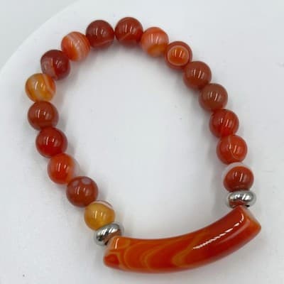 Vintage Orange Banded Agate Style Beaded Bracelet Curved Bar Accent Stretch - Image 1