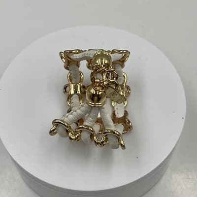 Vintage New York Gold Tone White Faux Leather Multi Row Cuff Bracelet Statement - Thumbnail 6