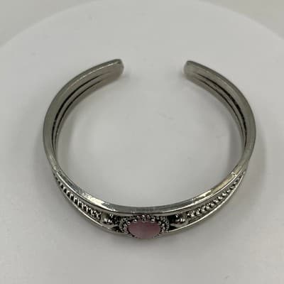 Bracelet Cuff Vintage Silver Tone Pink Faux Stone Triple Band Southwestern Style - Thumbnail 2