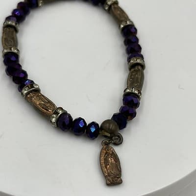 Vintage Purple Faceted Bead Bracelet Religious Medal Charm Rhinestone Spacer - Thumbnail 2