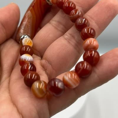 Vintage Orange Banded Agate Style Beaded Bracelet Curved Bar Accent Stretch - Thumbnail 5