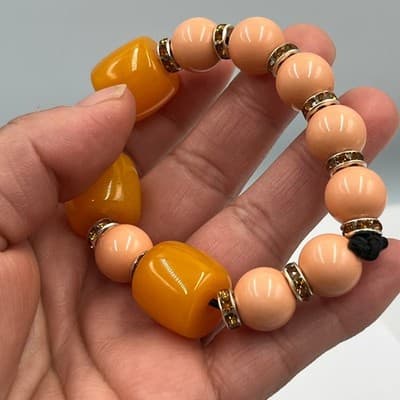 Vintage Orange Barrel & Peach Beaded Stretch Bracelet Rhinestone Spacer Accents - Thumbnail 5