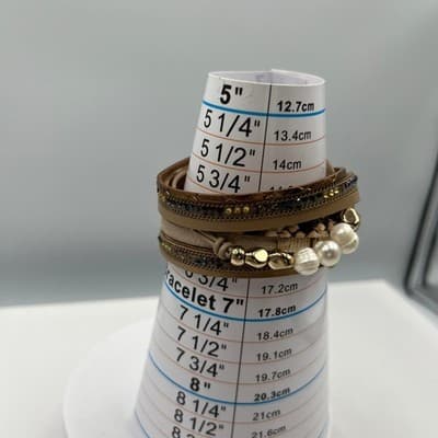 Vintage Multi-Strand Brown Leather Wrap Bracelet w/ Pearl Rhinestone Heart Charm - Thumbnail 6