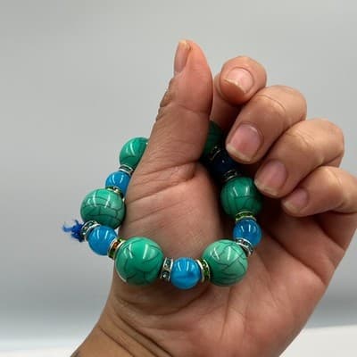 Vintage Green Turquoise Style & Blue Beaded Bracelet Rhinestone Spacer Accents - Thumbnail 5