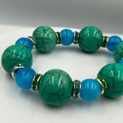 Vintage Green Turquoise Style & Blue Beaded Bracelet Rhinestone Spacer Accents - Thumbnail 2