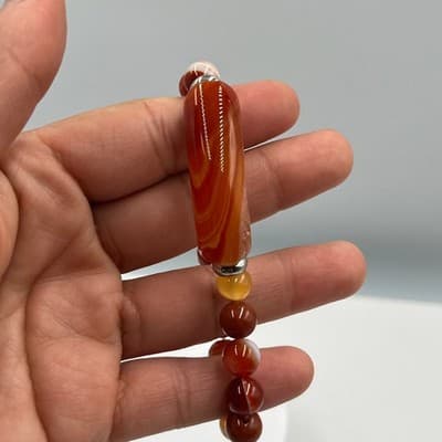 Vintage Orange Banded Agate Style Beaded Bracelet Curved Bar Accent Stretch - Thumbnail 6