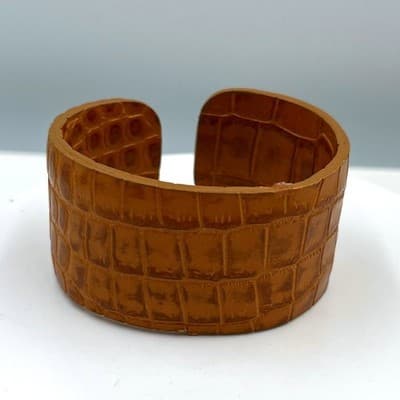 Vintage Carved Brown Bangle Bracelet Faux Wood Textured Wide Cuff Classic Boho - Image 1