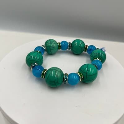 Vintage Green Turquoise Style & Blue Beaded Bracelet Rhinestone Spacer Accents - Thumbnail 4