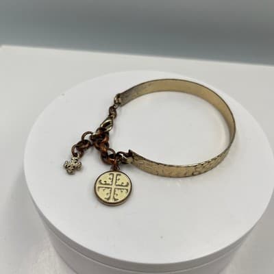 Vintage Hammered Gold Tone Bangle Bracelet w/ Charm Dangles Cross Medallion - Thumbnail 2