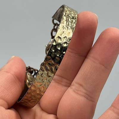 Vintage Hammered Gold Tone Bangle Bracelet w/ Charm Dangles Cross Medallion - Thumbnail 6