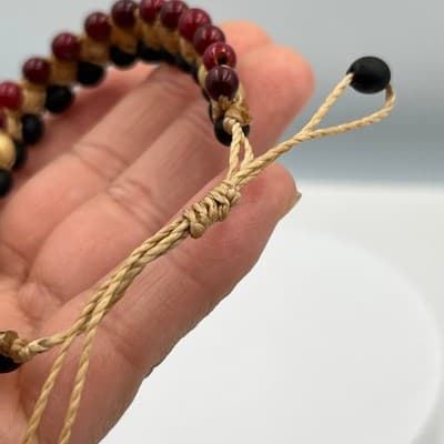 Bracelet Beaded Boho Triple Row Black Burgundy Cream Adjustable Cord Handcrafted - Thumbnail 6