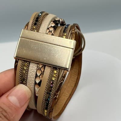 Vintage Multi-Strand Brown Leather Wrap Bracelet w/ Pearl Rhinestone Heart Charm - Thumbnail 3