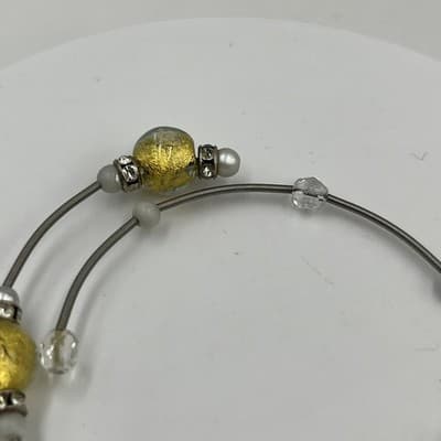 Vintage Adjustable Wire Bangle Bracelet Gold Foil Glass Beads Rhinestone Accents - Thumbnail 3