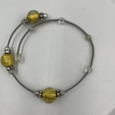 Vintage Adjustable Wire Bangle Bracelet Gold Foil Glass Beads Rhinestone Accents - Thumbnail 2