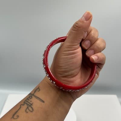 Vintage Red Lucite Style Rhinestone Bangle Bracelet Curved Accent Statement - Thumbnail 5