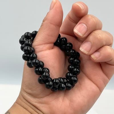 Vintage Black Double Strand Beaded Stretch Bracelet Glossy Round Beads Classic - Thumbnail 5