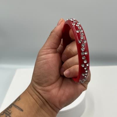 Vintage Red Lucite Style Rhinestone Bangle Bracelet Curved Accent Statement - Thumbnail 4