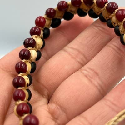 Bracelet Beaded Boho Triple Row Black Burgundy Cream Adjustable Cord Handcrafted - Thumbnail 5