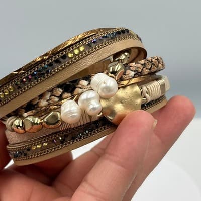 Vintage Multi-Strand Brown Leather Wrap Bracelet w/ Pearl Rhinestone Heart Charm - Thumbnail 4