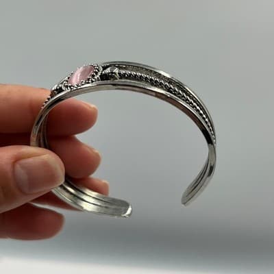 Bracelet Cuff Vintage Silver Tone Pink Faux Stone Triple Band Southwestern Style - Thumbnail 6