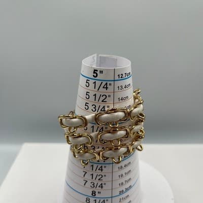 Vintage New York Gold Tone White Faux Leather Multi Row Cuff Bracelet Statement - Thumbnail 7