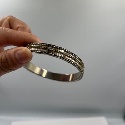 Vintage Silver Tone Multi Row Beaded Bangle Bracelet Mixed Metal Textured Retro - Thumbnail 9