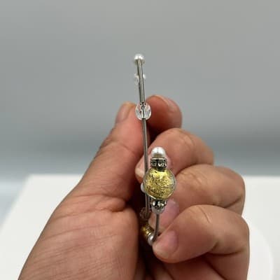 Vintage Adjustable Wire Bangle Bracelet Gold Foil Glass Beads Rhinestone Accents - Thumbnail 6