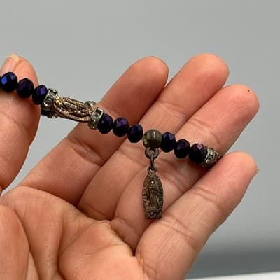 Vintage Purple Faceted Bead Bracelet Religious Medal Charm Rhinestone Spacer - Thumbnail 6