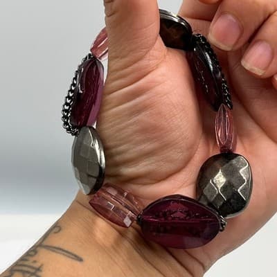 Vintage Chunky Faceted Mixed Bead Stretch Bracelet w/ Burgundy Acrylic Classic - Thumbnail 6