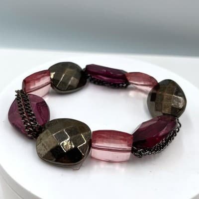 Vintage Chunky Faceted Mixed Bead Stretch Bracelet w/ Burgundy Acrylic Classic - Image 1