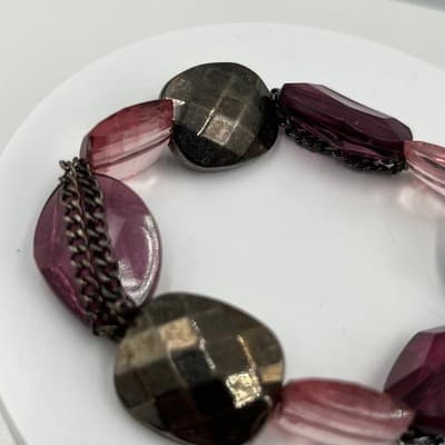 Vintage Chunky Faceted Mixed Bead Stretch Bracelet w/ Burgundy Acrylic Classic - Thumbnail 3