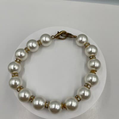 Vintage Faux Pearl Beaded Bracelet Gold Tone Rhinestone Spacers Classic Stretch - Thumbnail 2