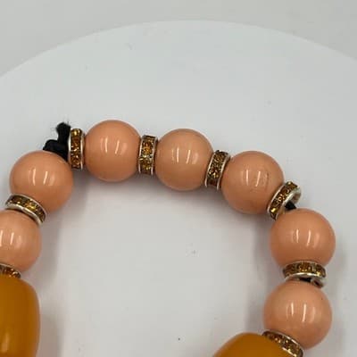 Vintage Orange Barrel & Peach Beaded Stretch Bracelet Rhinestone Spacer Accents - Thumbnail 4