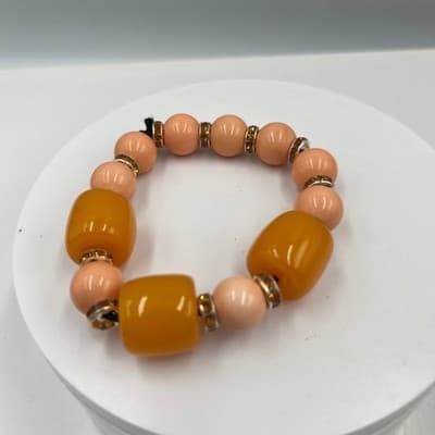 Vintage Orange Barrel & Peach Beaded Stretch Bracelet Rhinestone Spacer Accents - Thumbnail 2