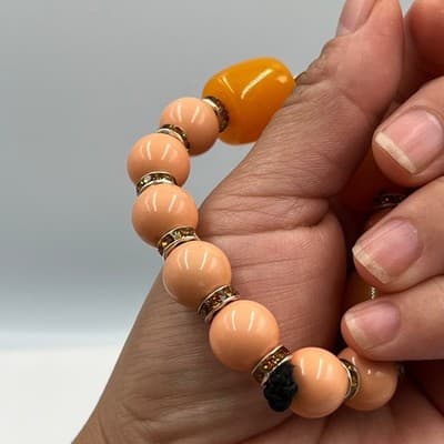 Vintage Orange Barrel & Peach Beaded Stretch Bracelet Rhinestone Spacer Accents - Thumbnail 6