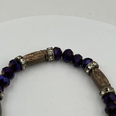 Vintage Purple Faceted Bead Bracelet Religious Medal Charm Rhinestone Spacer - Thumbnail 3