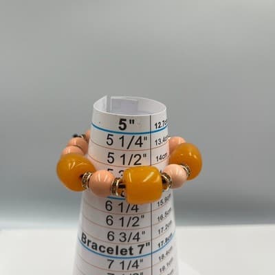 Vintage Orange Barrel & Peach Beaded Stretch Bracelet Rhinestone Spacer Accents - Thumbnail 8