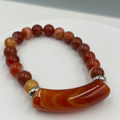 Vintage Orange Banded Agate Style Beaded Bracelet Curved Bar Accent Stretch - Thumbnail 3