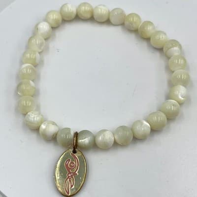 Vintage Cream Beaded Stretch Bracelet w/ Pink Script Charm Minimalist Bohemian - Image 1