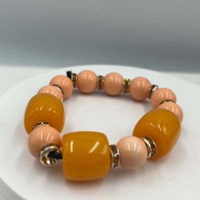 Vintage Orange Barrel & Peach Beaded Stretch Bracelet Rhinestone Spacer Accents - Thumbnail 3