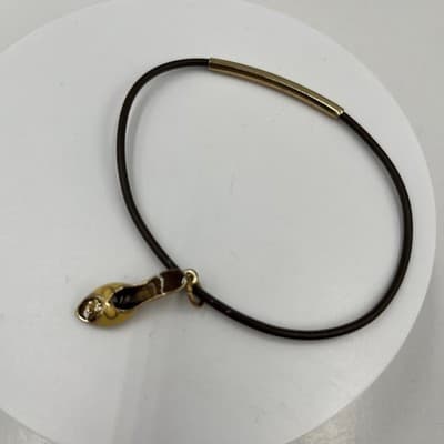 Vintage Gold Tone Enamel High Heel Ballet Slipper Charm Bracelet Brown Cord Band - Thumbnail 2