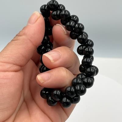 Vintage Black Double Strand Beaded Stretch Bracelet Glossy Round Beads Classic - Thumbnail 4