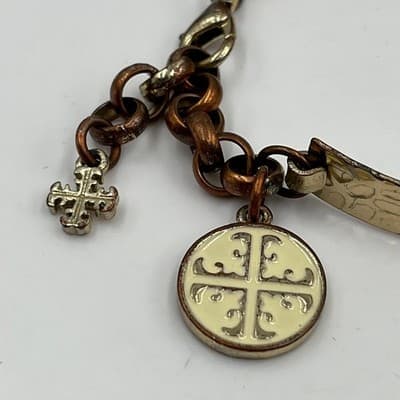 Vintage Hammered Gold Tone Bangle Bracelet w/ Charm Dangles Cross Medallion - Thumbnail 3