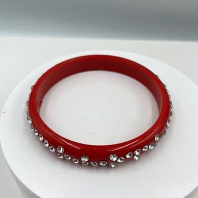 Vintage Red Lucite Style Rhinestone Bangle Bracelet Curved Accent Statement - Image 1