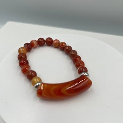 Vintage Orange Banded Agate Style Beaded Bracelet Curved Bar Accent Stretch - Thumbnail 2