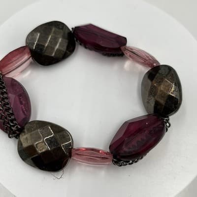Vintage Chunky Faceted Mixed Bead Stretch Bracelet w/ Burgundy Acrylic Classic - Thumbnail 2