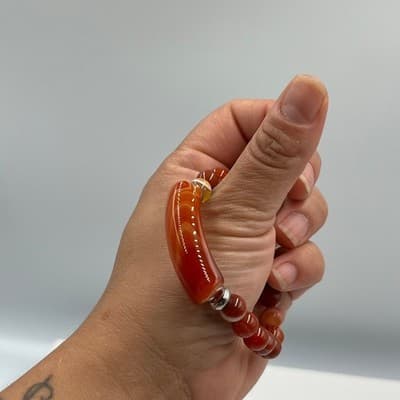 Vintage Orange Banded Agate Style Beaded Bracelet Curved Bar Accent Stretch - Thumbnail 7