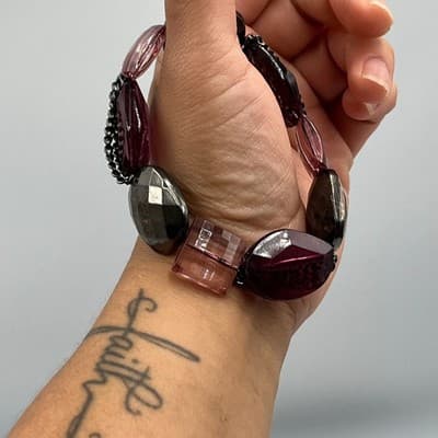 Vintage Chunky Faceted Mixed Bead Stretch Bracelet w/ Burgundy Acrylic Classic - Thumbnail 7