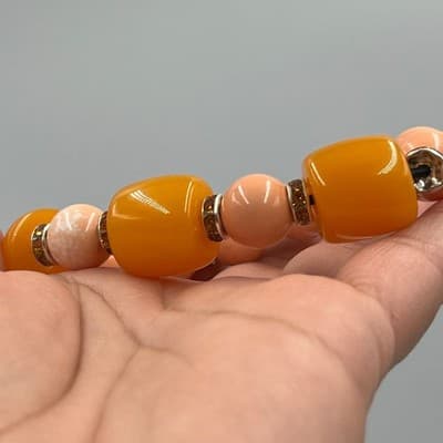 Vintage Orange Barrel & Peach Beaded Stretch Bracelet Rhinestone Spacer Accents - Thumbnail 7