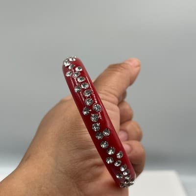 Vintage Red Lucite Style Rhinestone Bangle Bracelet Curved Accent Statement - Thumbnail 6